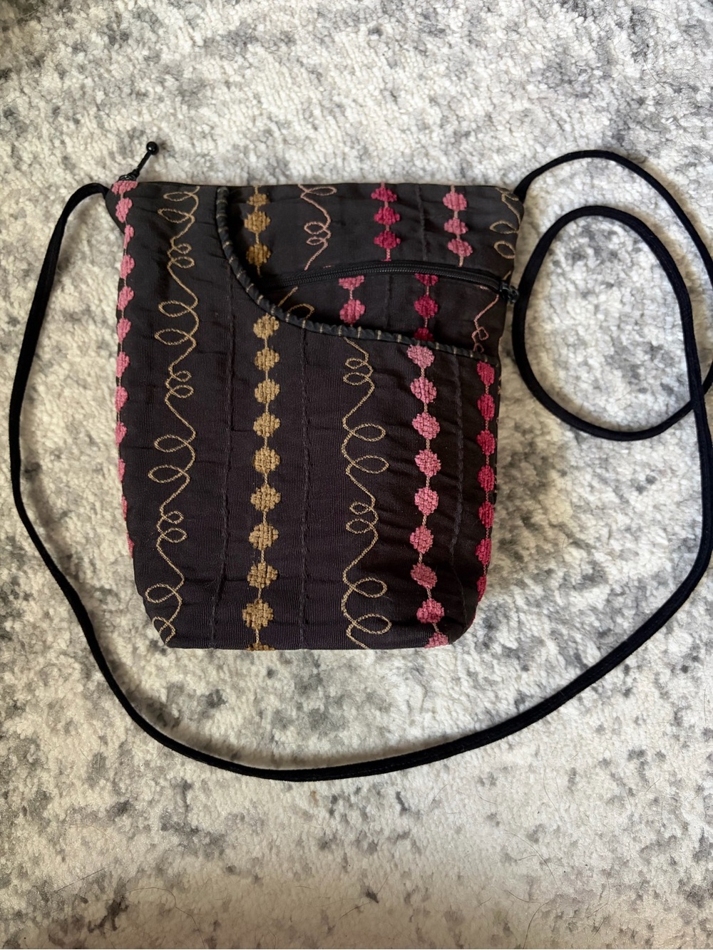 Black Embroidered Crossbody Bag with Pink & Gold Accents